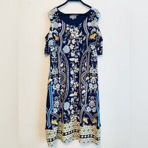 Navy‎ Blue Floral Cold Shoulder Sheath Dress L Cruise Resort Tropical Vacation